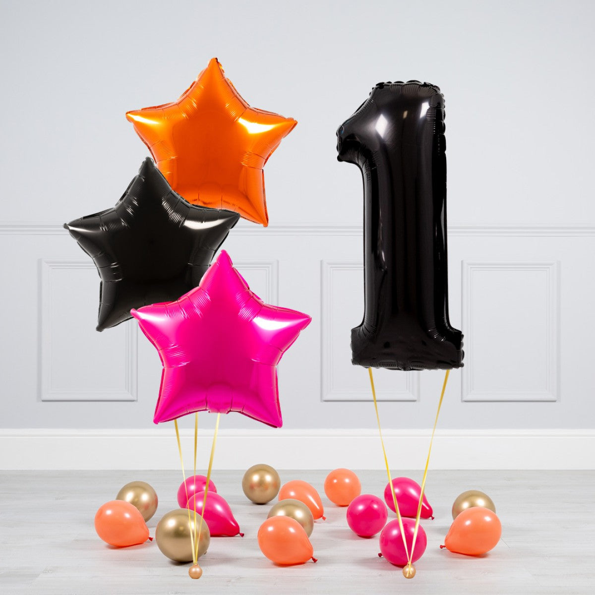 Helium Black Single Number Set Balloon - Orange, Black and Pink Star with Mini Balloons