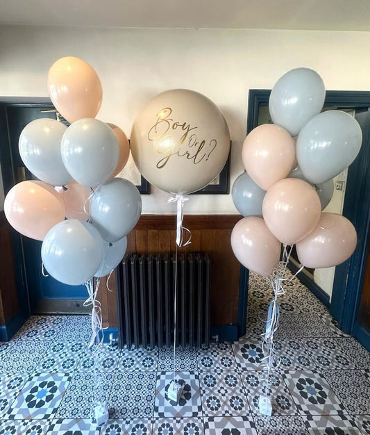 Personalised Gender Reveal Helium Balloon Green Latex with Customize Sticker and Helium Bunch of Blue and Pink - Customizable Design
