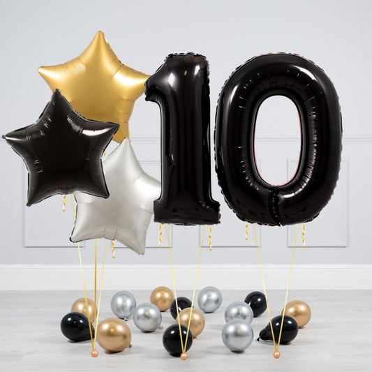 Helium Black Two Number Set Balloon - Gold, Black and White Stars with Mini Balloons