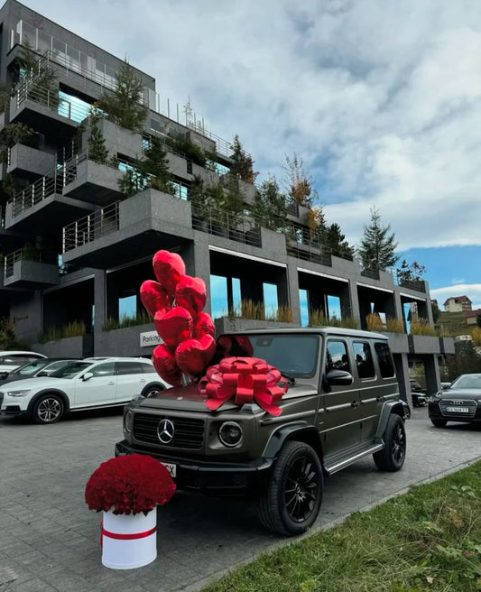 Car Surprise Balloon Heart-Shaped Red Helium with Customize Ribbons and Fresh Flower Bouquet - Perfect for Any Bold Celebrations