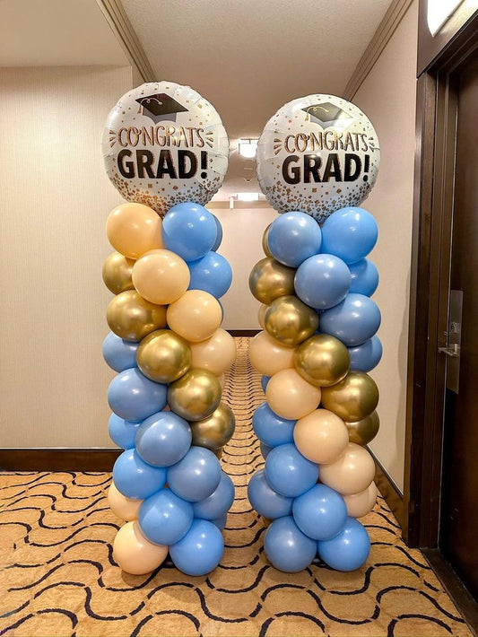 Balloon Blue, Gray, Beige and Gold with Foil 'Congrats Grad' Circle White Pillar/Column/Tower - Graduation Perfect for special occasion!