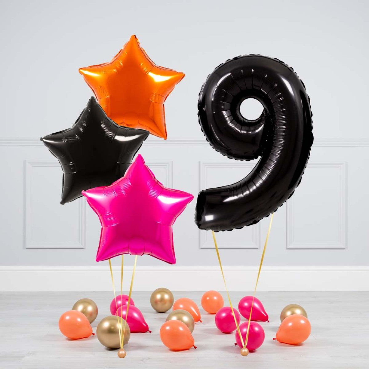 Helium Black Single Number Set Balloon - Orange, Black and Pink Star with Mini Balloons