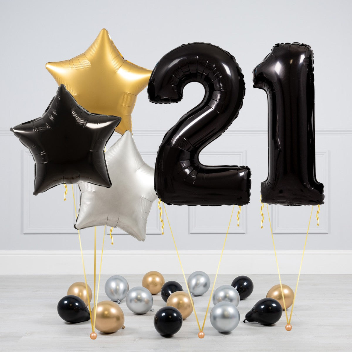 Helium Black Two Number Set Balloon - Gold, Black and White Stars with Mini Balloons