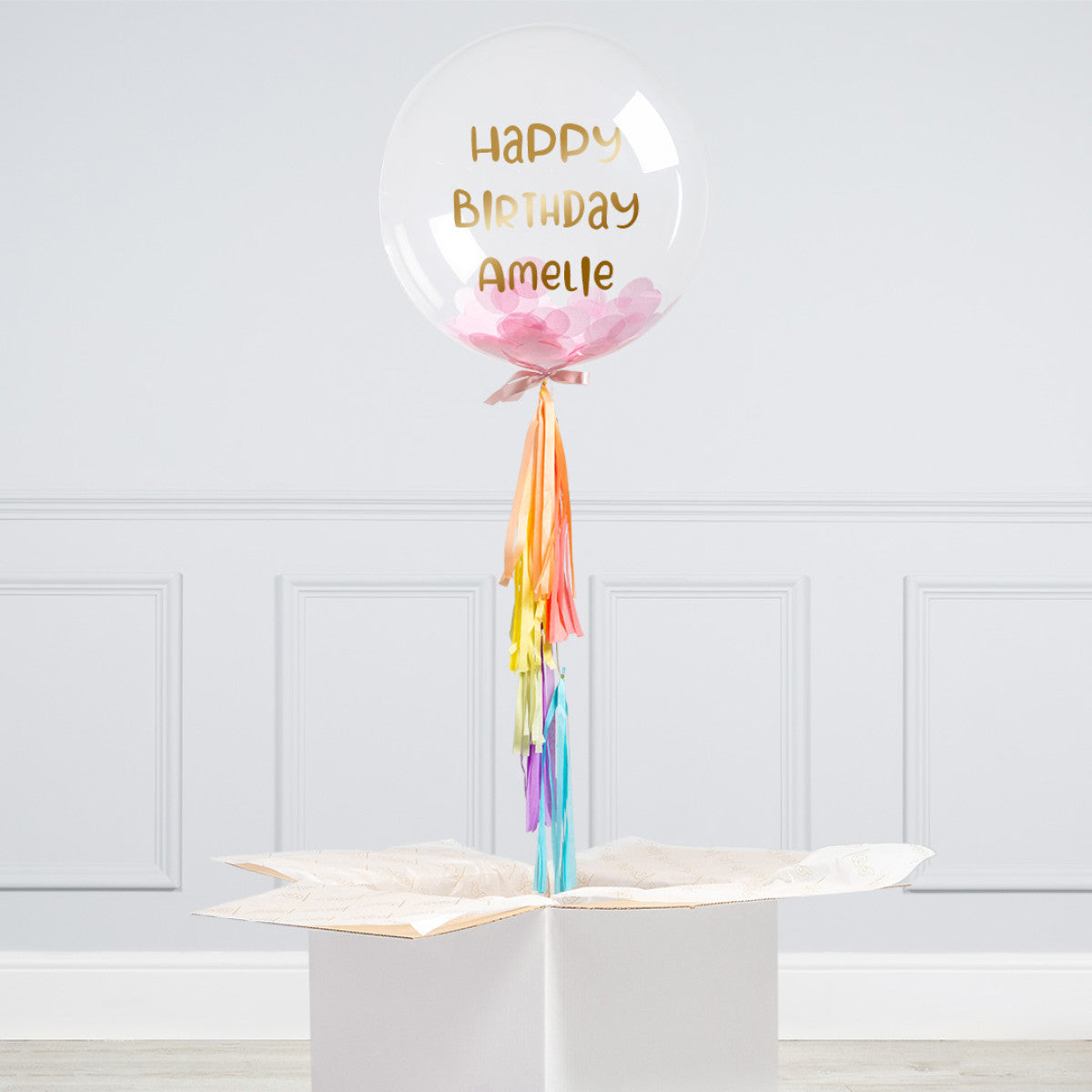 Personalised Helium Balloon Pastel Rainbow Confetti Inflated Helium Bubble Balloon Elevate Your Celebration with Our Stunning Helium Bubble Balloon Bouquet