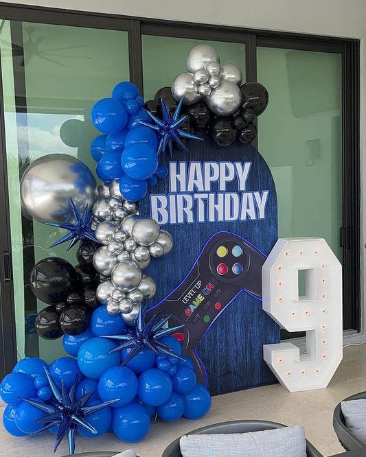 Customizable Board Backdrop Game Controller with Balloons Silver, Black and Blue with Starburst accents and LED Marquee Number '9' - Birthday, Perfect for special occasion