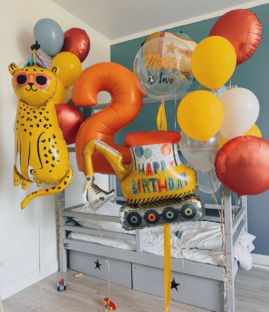 Helium Balloon Single Number Set of Orange Number ‘2’ Balloon with Leopard, Truck, Personalised Clear with Customize Sticker, Orange Circle with Latex Helium Bunch Blue, Clear, Yellow and Dust White - Safari and Jungle-Themed Perfect for any Occasions
