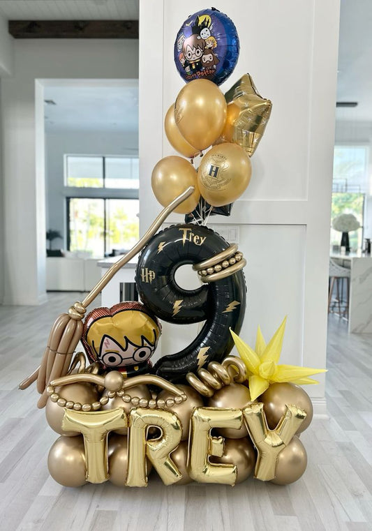 Platform Single Number Set of Gold Number ‘9’ Balloon Harry Potter Character Witch Hat and Gold Star with Customize Sticker Dark Red Gold