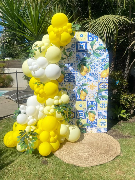 Customizable Board Backdrop with Balloon Yellow and White with Artificial Leaves -  Perfect for special occasion