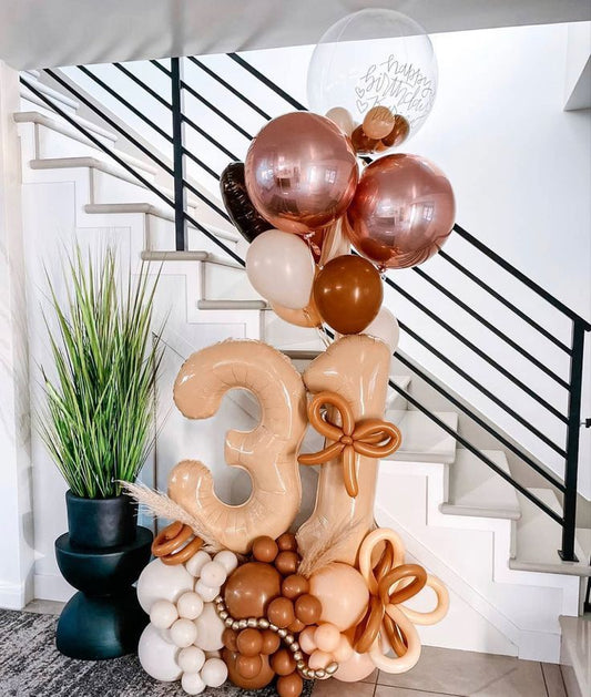 Platform Beige Numbers '31' with Latex White, Brown, Beige and Artificial Flower accents, Personalised Clear with Sticker, Rose Gold Orbs, Heart-Shaped and Latex Helium Bunch – Customizable Design