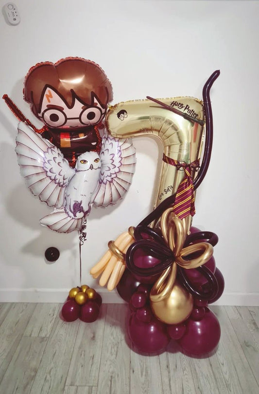 Platform Single Number Set of Gold Number ‘7’ Balloon Harry Potter Character Witch Hat and Gold Star with Customize Sticker Dark Red Gold