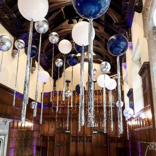 Ceiling Orbs Helium Balloons Silver, White and Blue 32-inches with Silver Tassels - Perfect for Special Occasions!