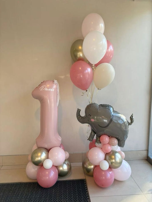 Balloon Pink, White and Gold with Customize Sticker, Ribbons and Pink Number Balloon on Stand '1' and Helium Balloons with Elephant accents - Birthday, Perfect for special occasion