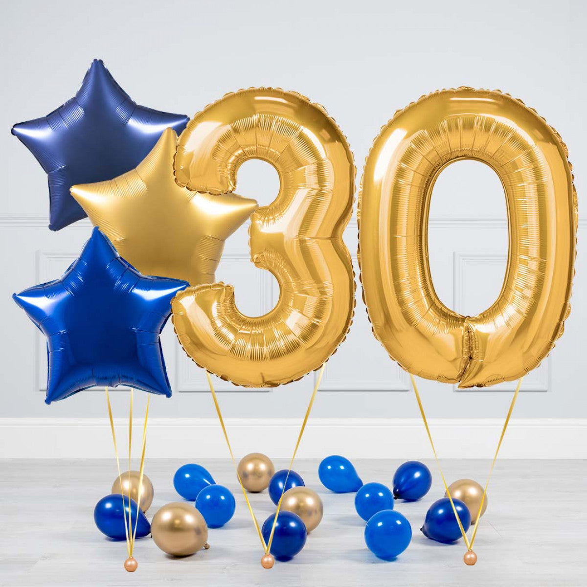 Helium Gold Two Number Set Balloon - Dark Blue, Blue and Gold Stars with Mini Balloons