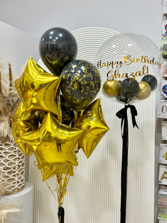 Personalised Helium Clear with Mini Balloons Latex Gold and Black, Customizable Black Curtain Tassels and Ribbons with Bunch Double Layered Black Latex and Gold Stars - Perfect for any Occasions
