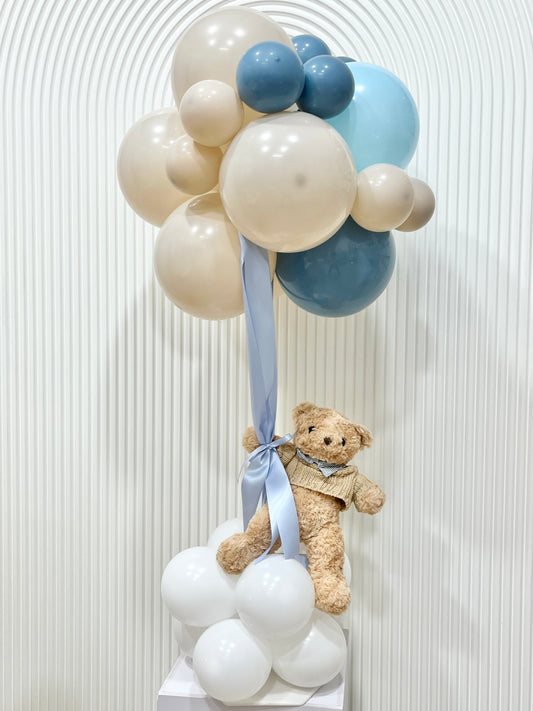 Customizable Balloon Blue and Dust White Centerpiece with Teddy Bear and Ribbons - Perfect for any Occasions