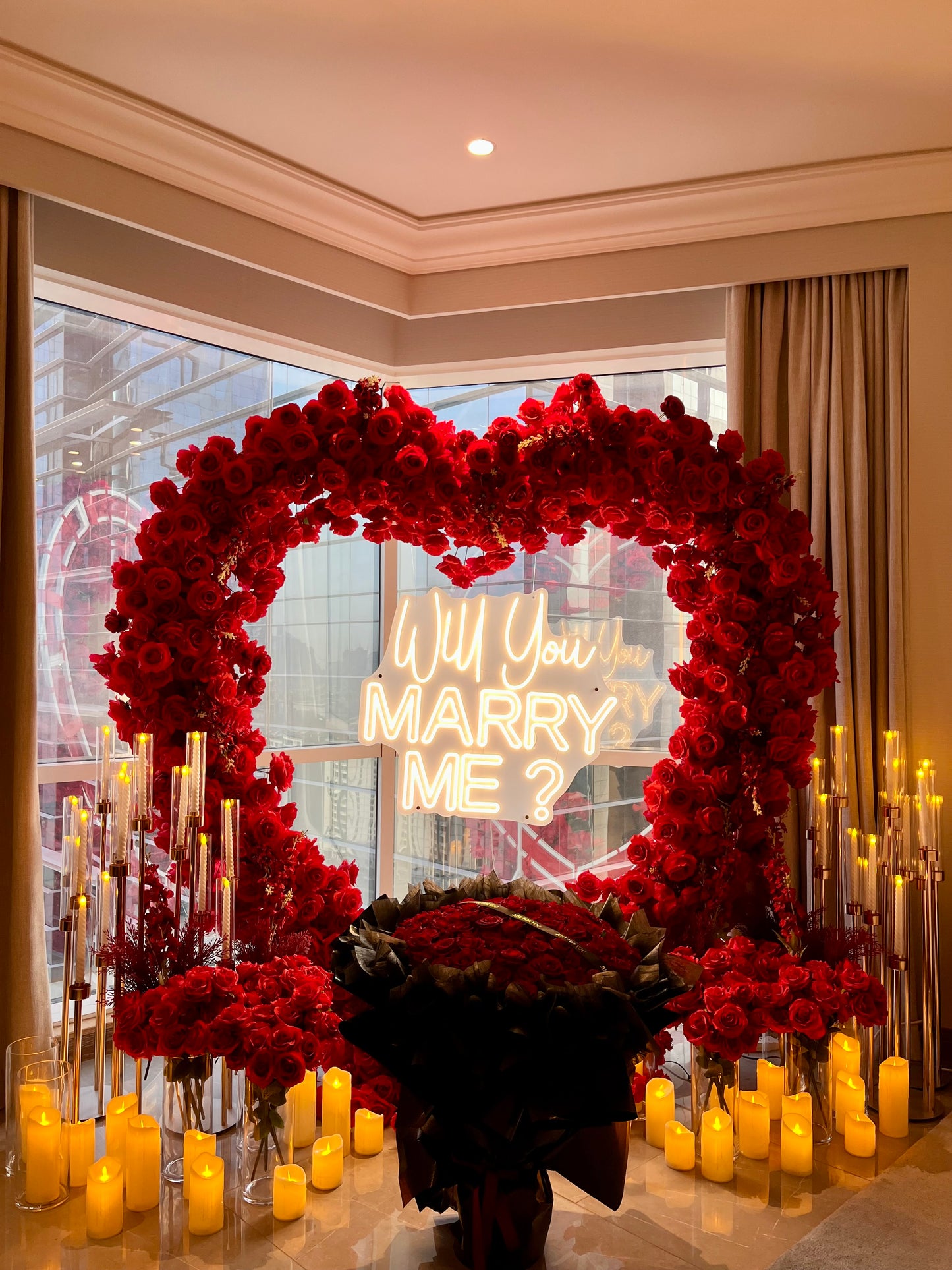 Artificial Flowers, Candles, Giant Heart with LED Acrylic ‘Will You MARRY ME?’ and Fresh Giant Flower Bouquet - Perfect for Proposal, Wedding, Anniversary special occasions!