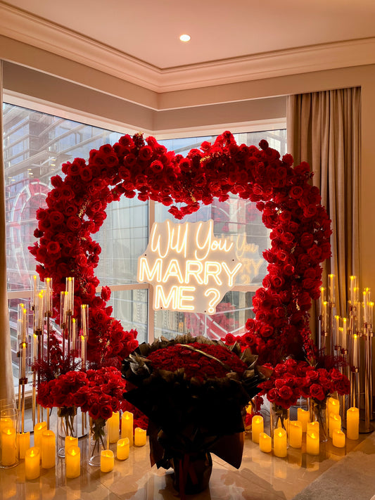 Artificial Flowers, Candles, Giant Heart with LED Acrylic ‘Will You MARRY ME?’ and Fresh Giant Flower Bouquet - Perfect for Proposal, Wedding, Anniversary special occasions!