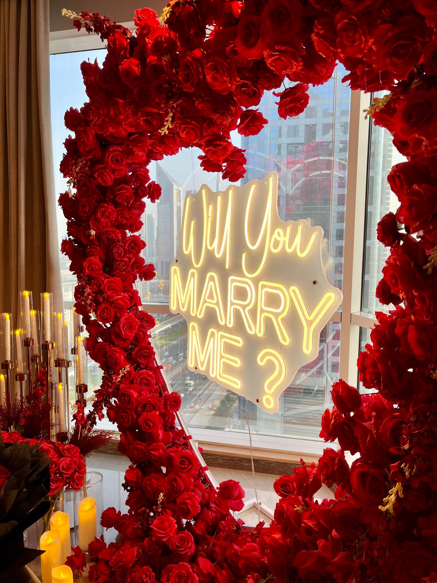 Artificial Flowers, Candles, Giant Heart with LED Acrylic ‘Will You MARRY ME?’ and Fresh Giant Flower Bouquet - Perfect for Proposal, Wedding, Anniversary special occasions!