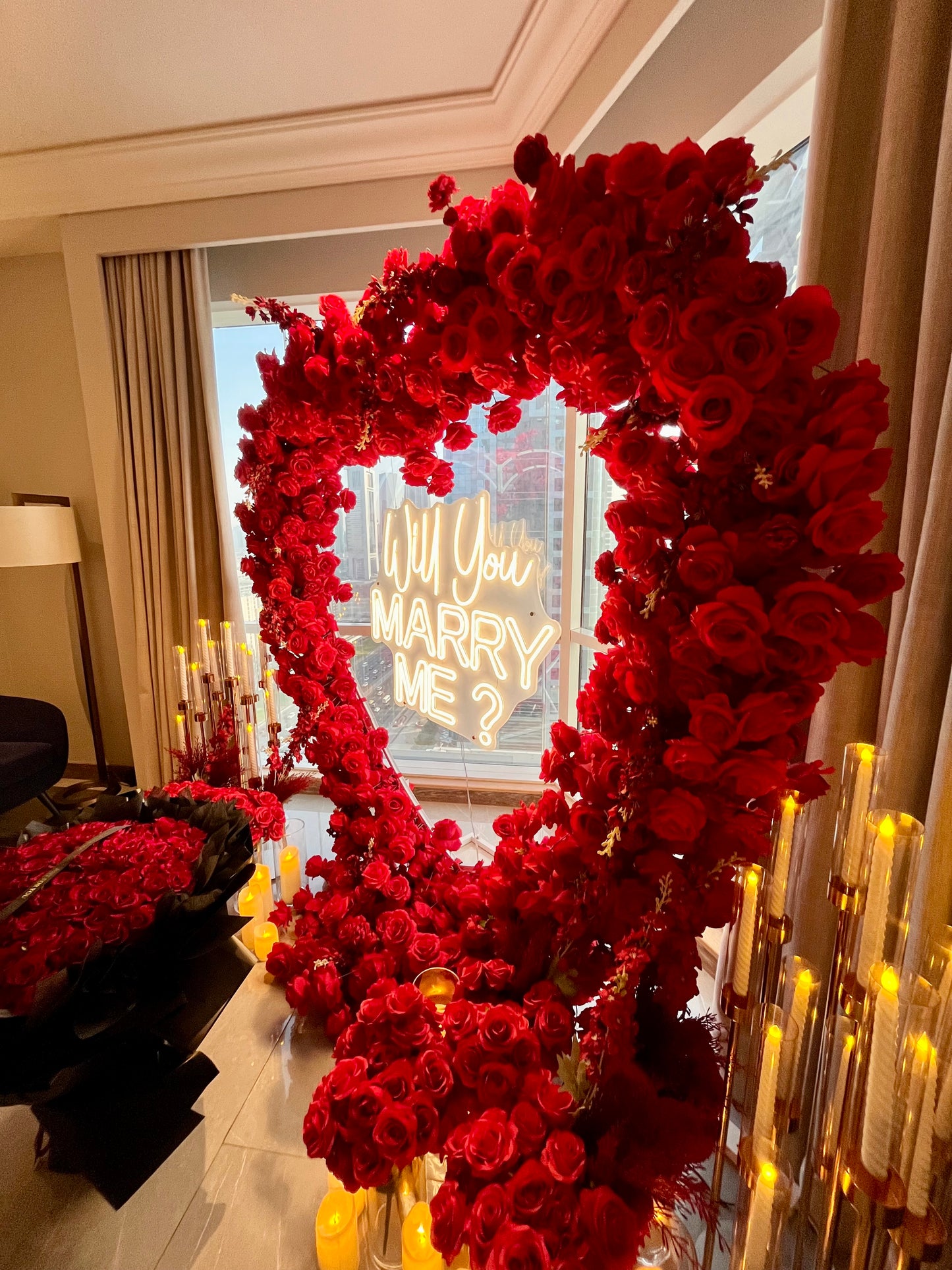 Artificial Flowers, Candles, Giant Heart with LED Acrylic ‘Will You MARRY ME?’ and Fresh Giant Flower Bouquet - Perfect for Proposal, Wedding, Anniversary special occasions!