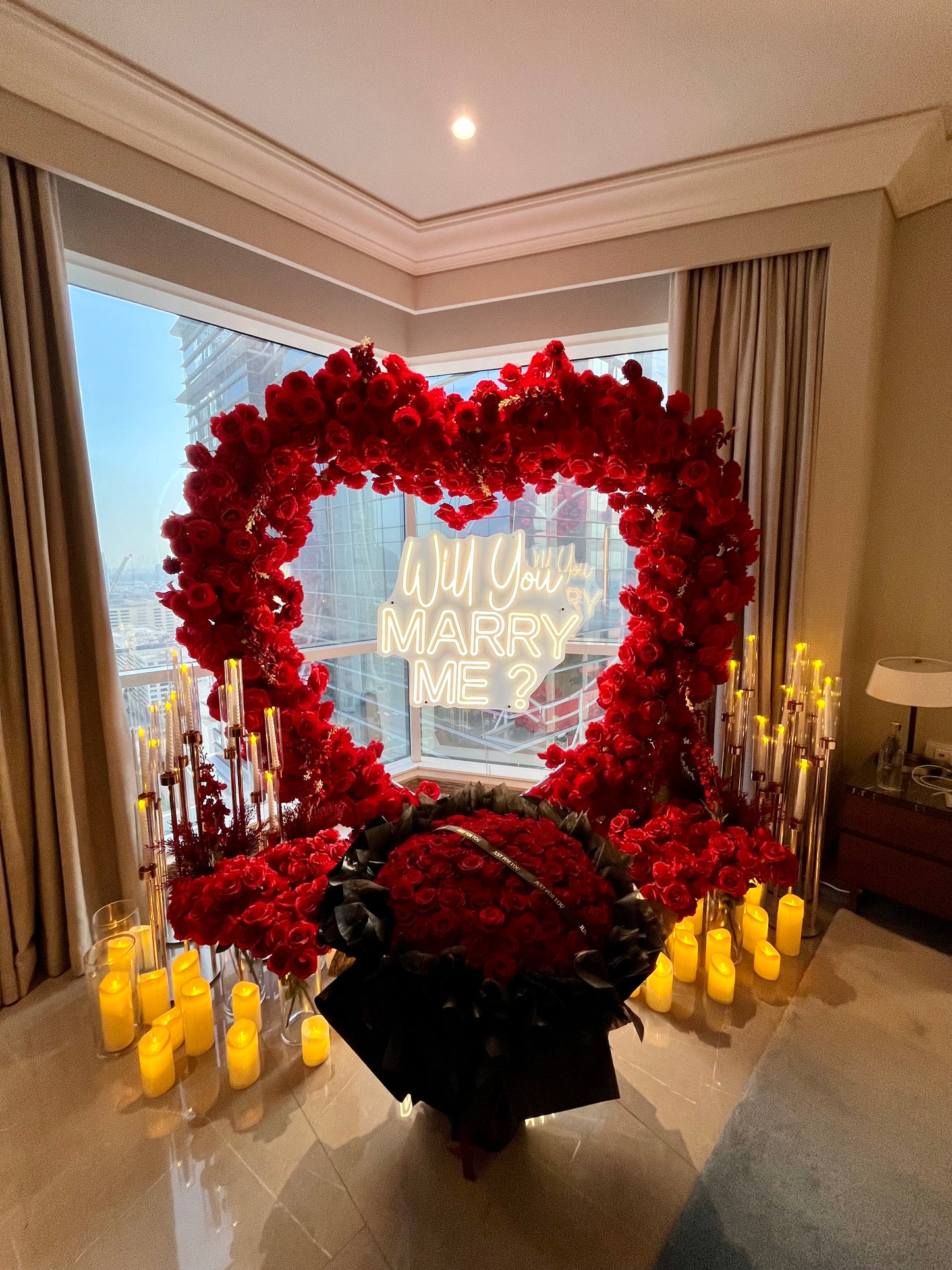 Artificial Flowers, Candles, Giant Heart with LED Acrylic ‘Will You MARRY ME?’ and Fresh Giant Flower Bouquet - Perfect for Proposal, Wedding, Anniversary special occasions!