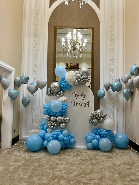 Customizable Board Backdrop with Balloon Silver, Blue and White with 20pcs Star Circle Heart-Shaped Helium Foil Balloons Decor Setup - Baby Shower Perfect for special occasions