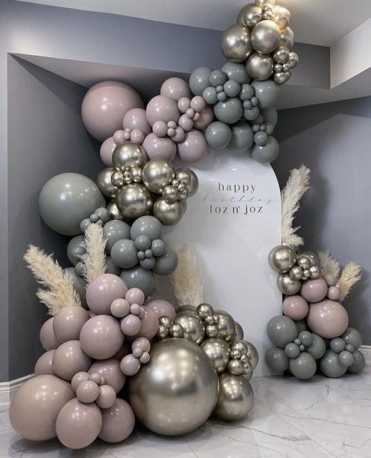 Customizable KT Board Backdrop with Balloon Purple, Green and Light Gold with Artificial Flower Decor Setup - Perfect for special occasions