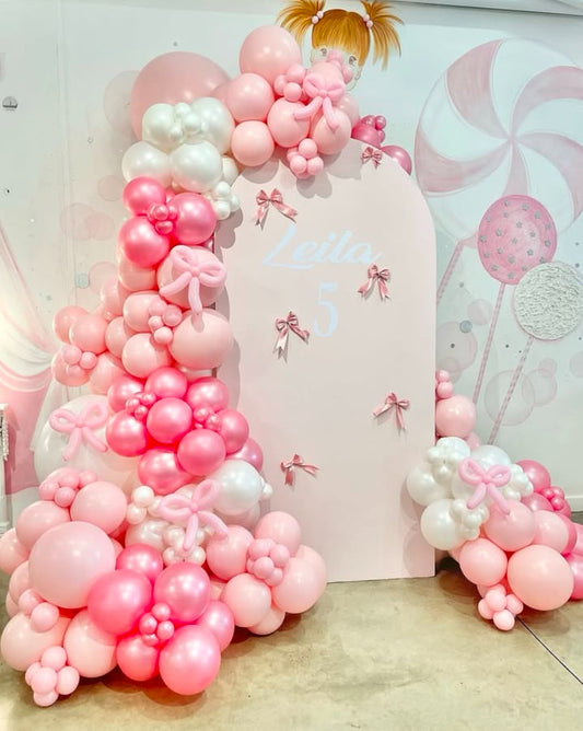 Customizable Kt Board Backdrop with Balloon Pink and White with Ribbon Designs Decor Setup - Perfect for special occasions
