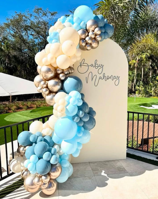 Customizable KT Board with Balloon Blue, White and Light Gold Decor Setup - Perfect for special occasions