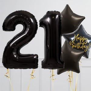 Helium Black ‘21’ Two Number Set Balloon with Star-Shaped Foil Balloons