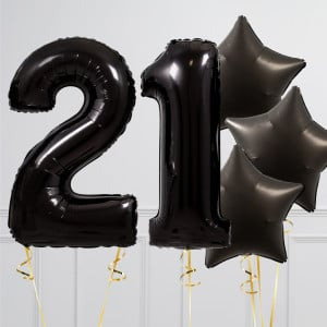 Helium Black ‘21’ Two Number Set Balloon with Star-Shaped Foil Balloons