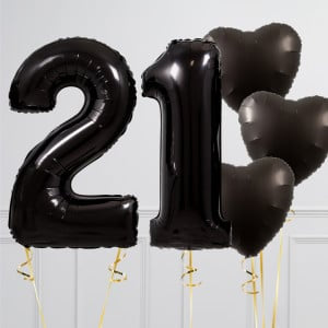 Helium Black ‘21’ Two Number Set Balloon with Heart-Shaped Foil Balloons