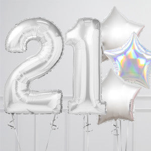 Helium Silver ‘21’ Two Number Set Balloon with Star-Shaped Foil Balloons