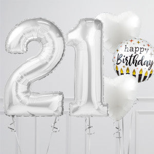 Helium Silver ‘21’ Two Number Set Balloon with White Heart-Shaped Foil Balloons