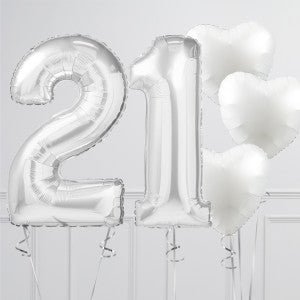 Helium Silver ‘21’ Two Number Set Balloon with White Heart-Shaped Foil Balloons