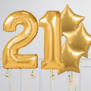 Helium Gold ‘21’ Two Number Set Balloon with Star-Shaped Foil Balloons