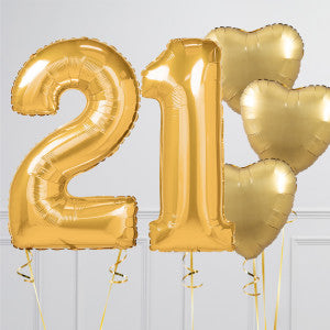 Helium Gold ‘21’ Two Number Set Balloon with Heart-Shaped Foil Balloons