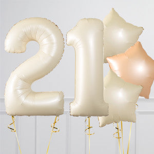 Helium Beige ‘21’ Two Number Set Balloon with Beige and Sand White Star-Shaped Foil Balloons
