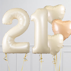 Helium Beige ‘21’ Two Number Set Balloon with Beige and Sand White Heart-Shaped Foil Balloons