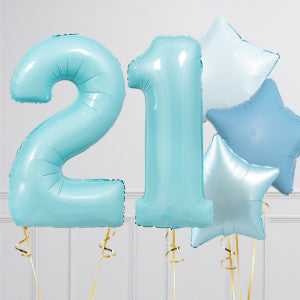 Helium Blue ‘21’ Two Number Set Balloon with Blue Color Way Heart and Star-Shaped Foil Balloons