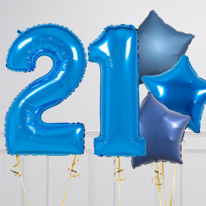 Helium Blue ‘21’ Two Number Set Balloon with Blue Color Way Circle and Star-Shaped Foil Balloons