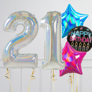 Helium Rainbow ‘21’ Two Number Set Balloon with Black Circle and Blue, Yellow and Pink Star-Shaped Foil Balloons