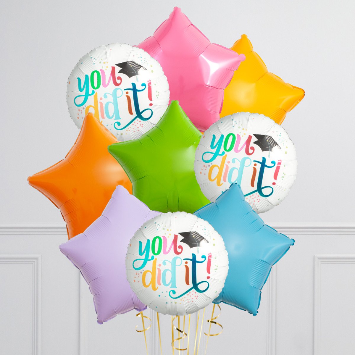 Bunch of Different Color of Star Foil and Printed Circle “You did it!” Helium Balloons