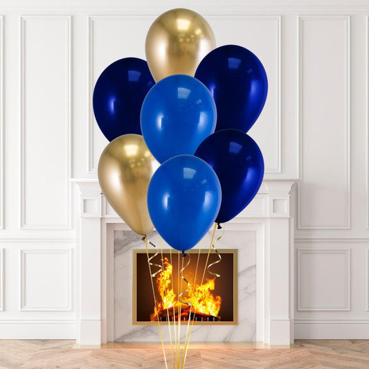 Chrome Blue, Blue and Gold Latex Helium Balloon Bunch - Perfect for any special occasions!
