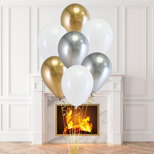 Gold, Silver and White Latex Helium Balloon Bunch - Perfect for any special occasions!