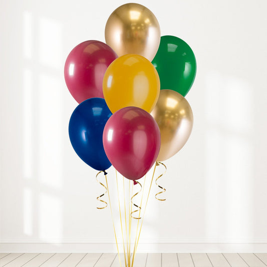 Red, Yellow, Gold, Blue and Green Latex Helium Balloon Bunch - Perfect for any special occasions!