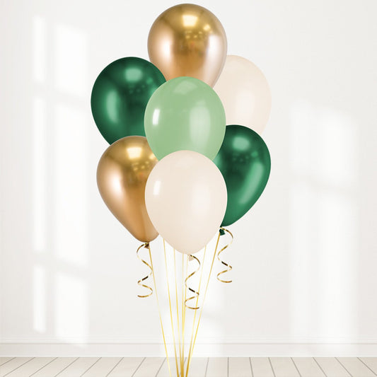 Gold, Chrome Green, Green and White Latex Helium Balloon Bunch - Perfect for any special occasions!