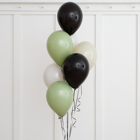 Green, Black, White and Dust White Latex Helium Balloon Bunch - Perfect for any special occasions!