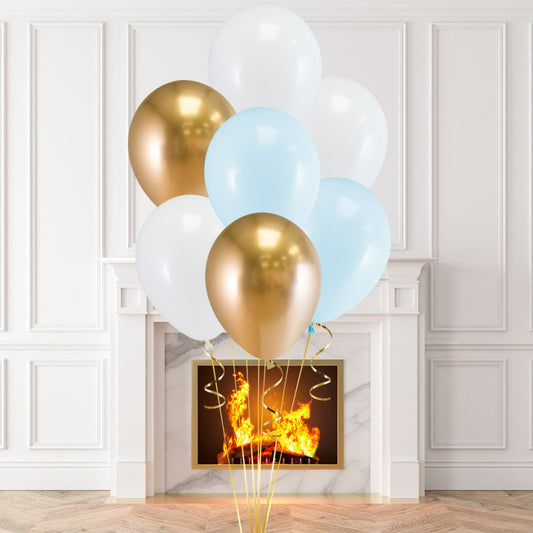 White, Blue and Gold Latex Helium Balloon Bunch - Perfect for any special occasions!
