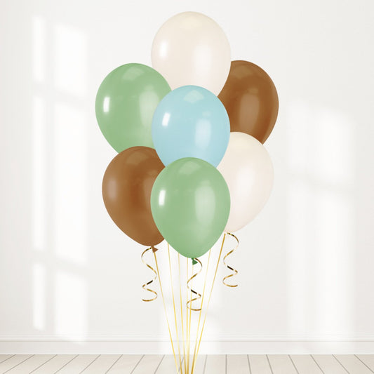 Dust White, Green, Blue and Brown Latex Helium Balloon Bunch - Perfect for any special occasions!