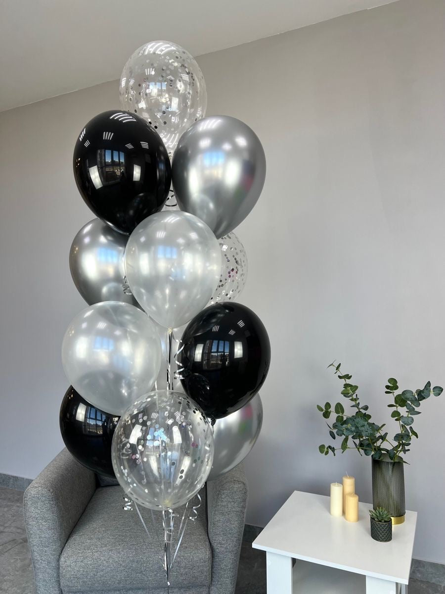 Clear, Silver and Black Latex Helium Balloon Bunch - Perfect for any special occasions!